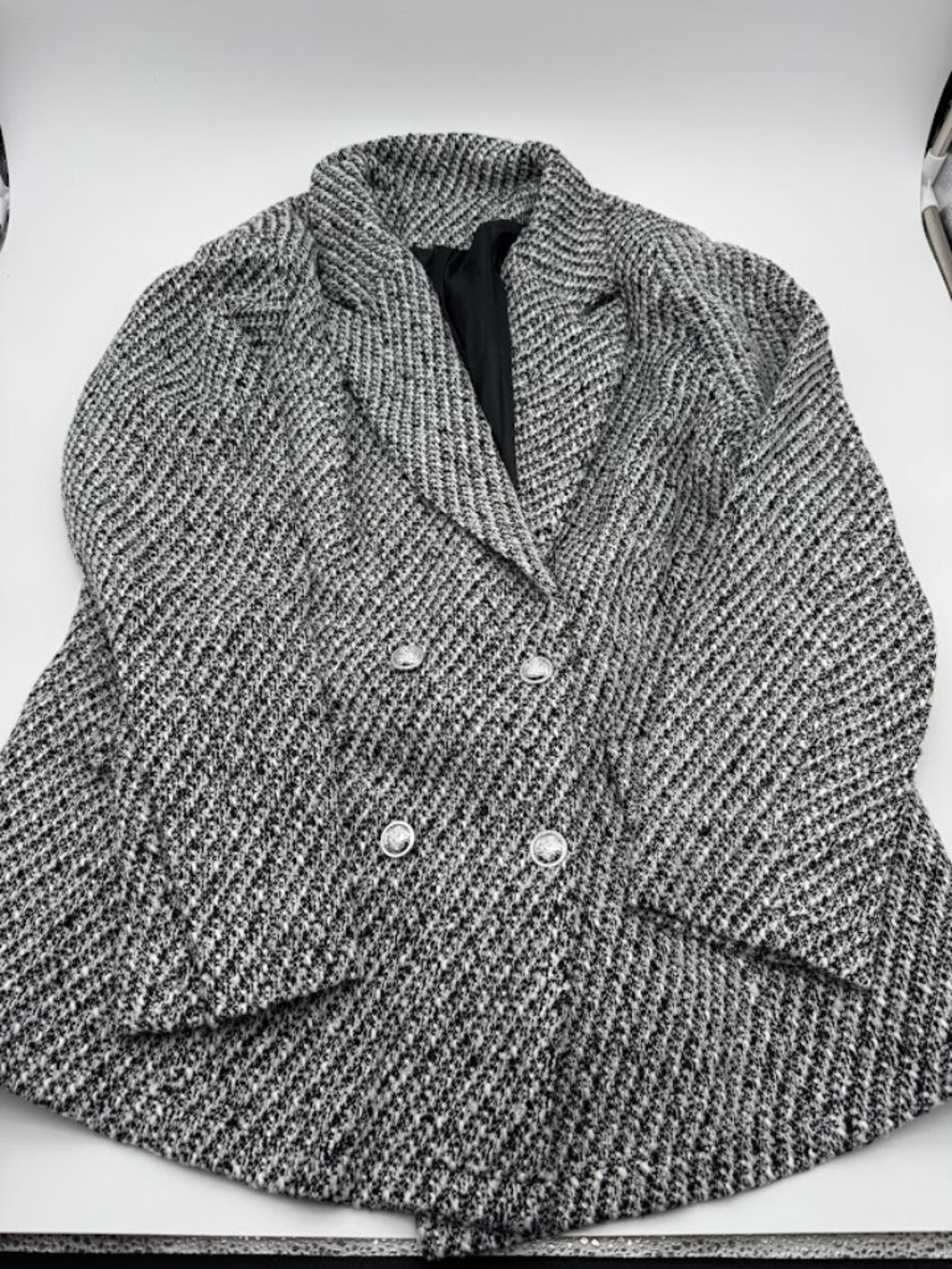Black & White Tweed Double-Breasted Blazer XXL | Boucle Style Lined Jacket